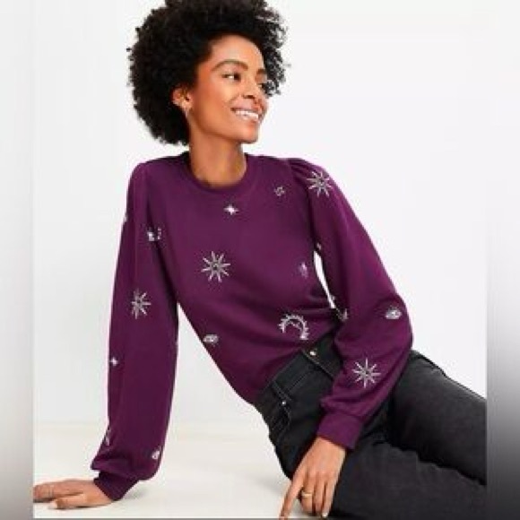 LOFT Tops - LOFT Embroidered Celestial Deep Purple Puff Sleeve Long Sleeve Top Medium